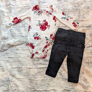 Carter's Floral Long Sleeve Bodysuit with Black Ruffle Leggings 6 Months Baby